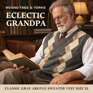Roundtree & Yorke Gray Argyle V-Neck Sweater Vest XL Preppy Eclectic Grandpa
